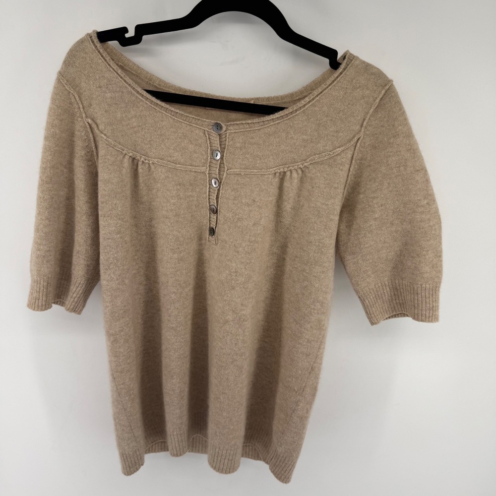Calypso St Barth Cashmere Sweater Womens M Tan Beige Short Sleeve Henley Luxury